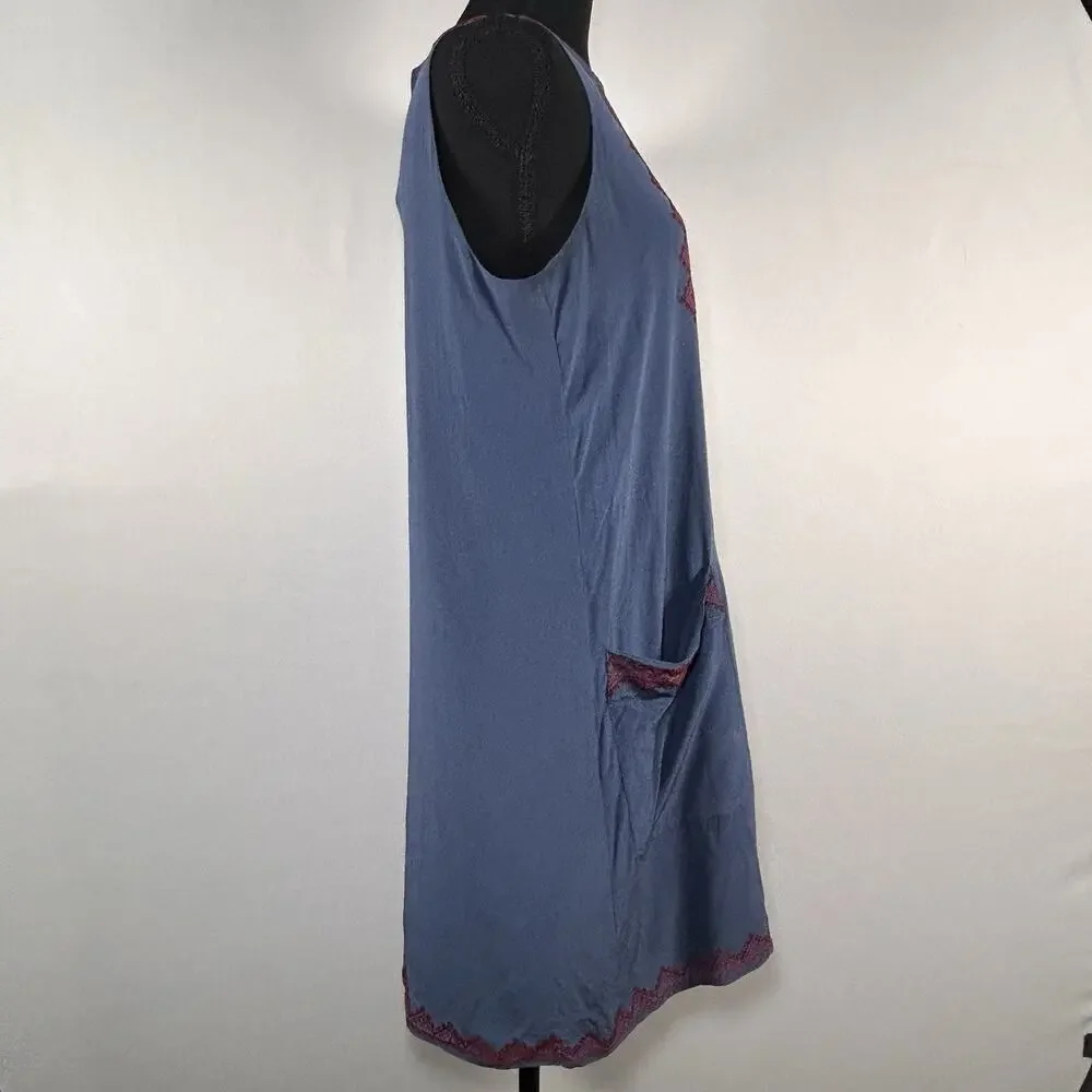 Madewell 100% Silk Boho Geometric Embroidered Shift Dress Blue Red Size L - Picture 7 of 10